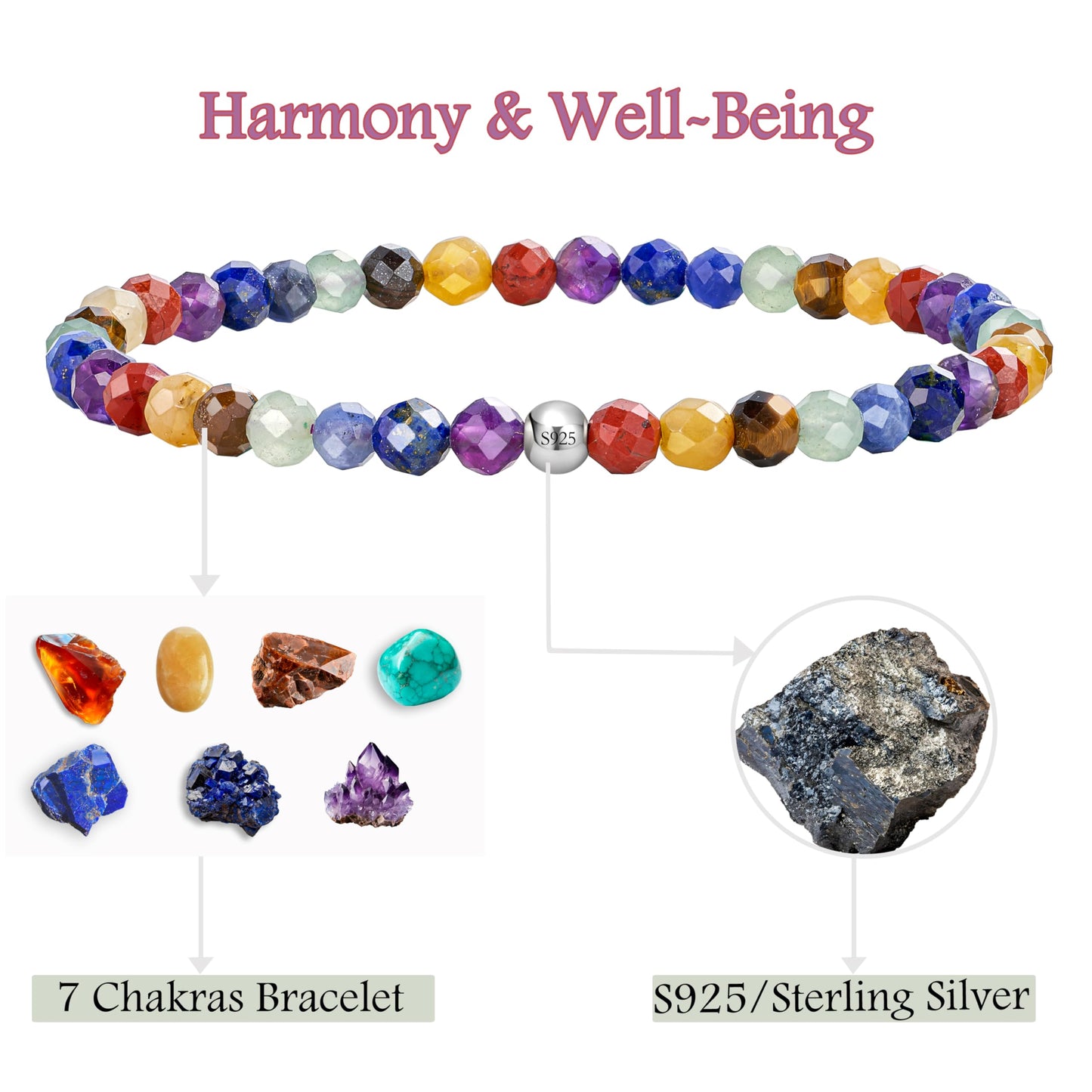 Farfume Chakra - Balance & Harmony - Beaded Bracelets for Women,Handmade Natural Stone 4mm Beads 925 Sterling Silver Stretch Bracelets, Chakra Crystal Gemstone Jewelry Gifts for Mom