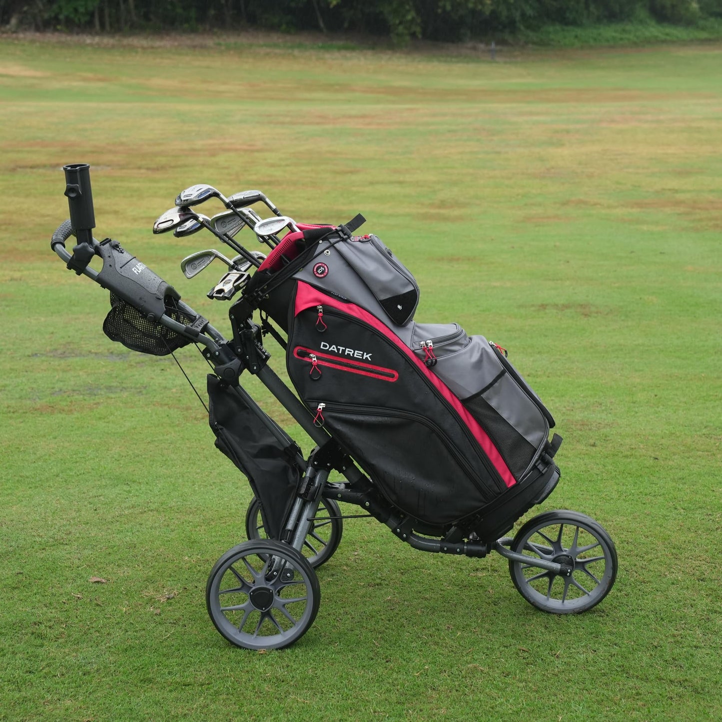 FLAGTAG Golf Push Cart 3 Wheel,Foldable Golf Push Cart,Golf Bag Cart with Foot Brake,Umbrella Holder, Cup Holder, Storage Compartment