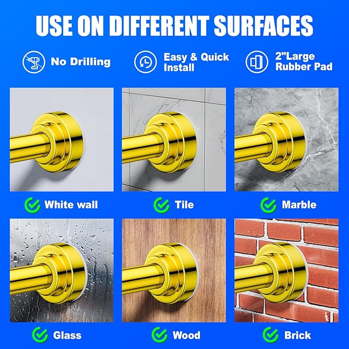 Ausemku Shower Curtain Rod Tension - 26-76 Inch Never Rust Non-Slip Spring Tension Curtain Rod No Drilling Stainless Steel Curtain Rod Use Bathroom Kitchen（Gold）