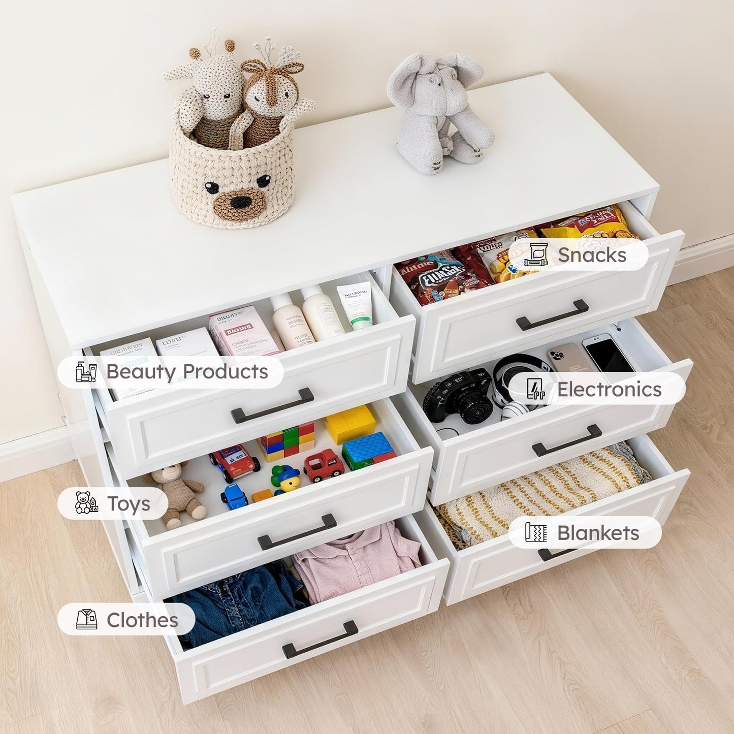 BERRY NEST Farmhouse 6 Drawers Dresser for Bedroom, White Dressers with Unique Solid Wood Legs, Modern Wide Chest Dressers for Clothes, Closet, Living Room