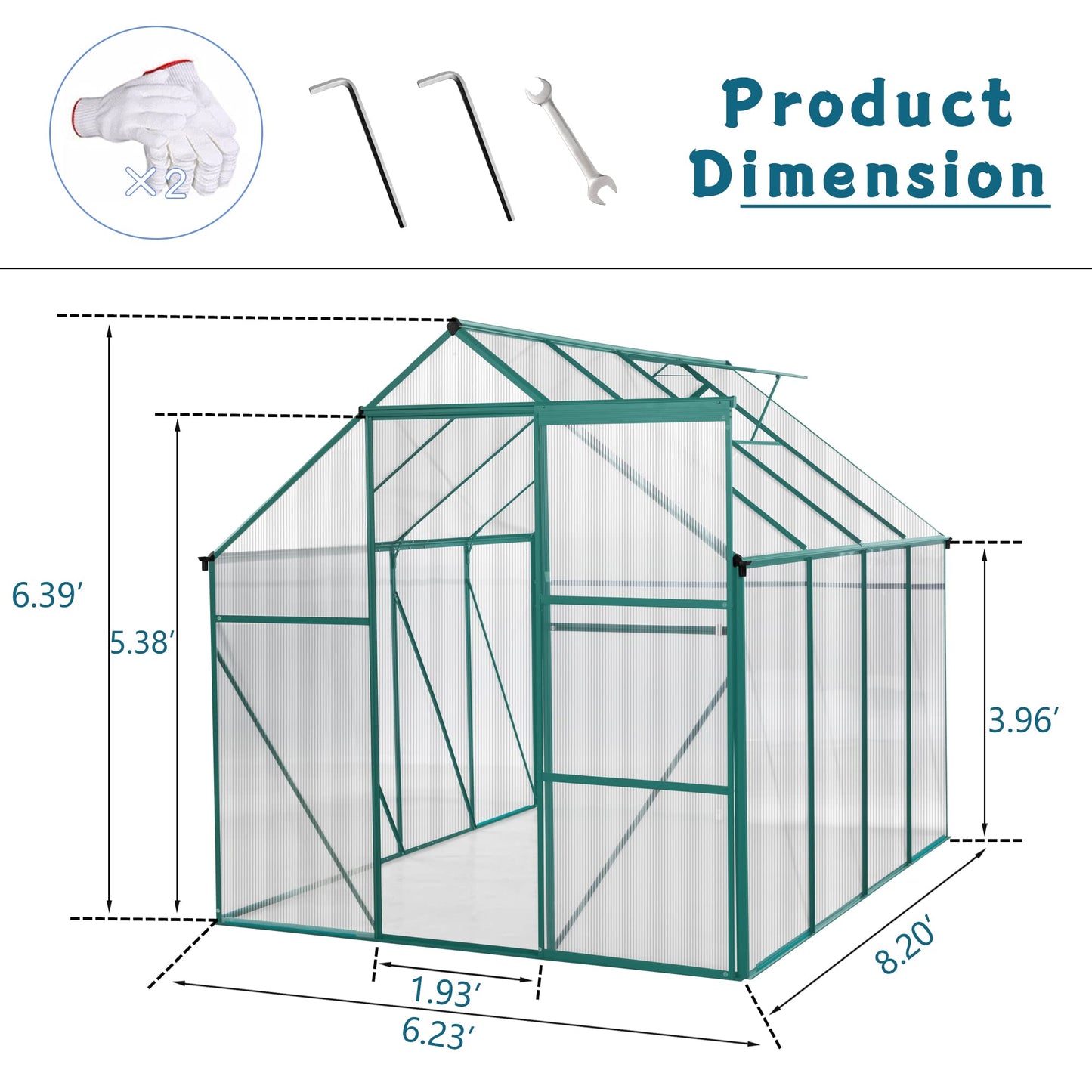 GLANZEND 6x8FT Polycarbonate Walk-in Greenhouses, Heavy Duty Hobby Green House, Storage Shed with Sliding Doors & Adjustable Roof Vent, Aluminum Sunroom Hot House for Outdoor Garden Backyard