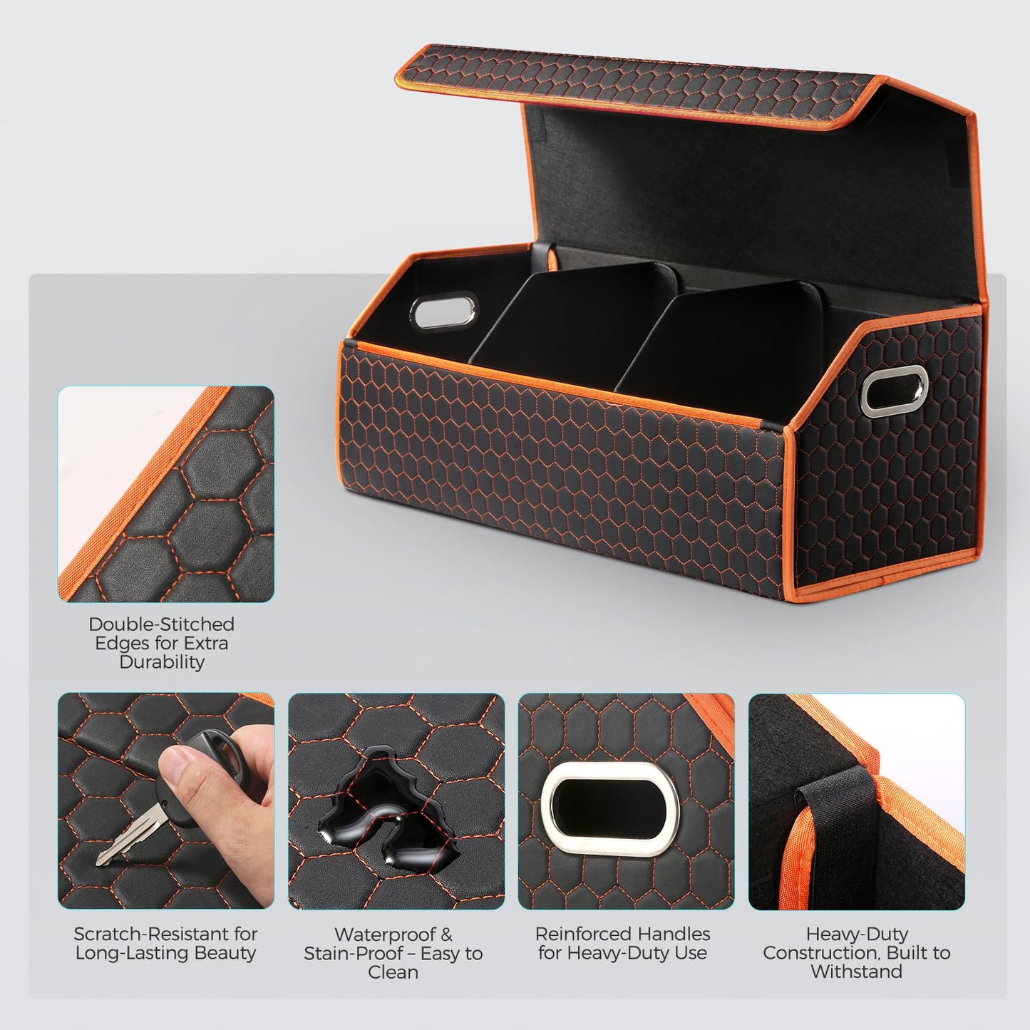 Fyzeoty Car Organizers and Storage - Trunk Organizer for Suv Car,Car Trunk Leather Storage Box,Extra Large,Magnetic Lid,Collapsible and Adjustable