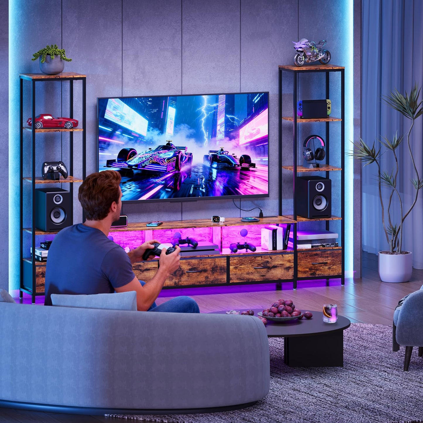 Takywep Modern TV Stand with Bookshelf, Wood and Metal Compact Entertainment Center with Fabric Drawer, LED Lights & Charging Hub for Living Room