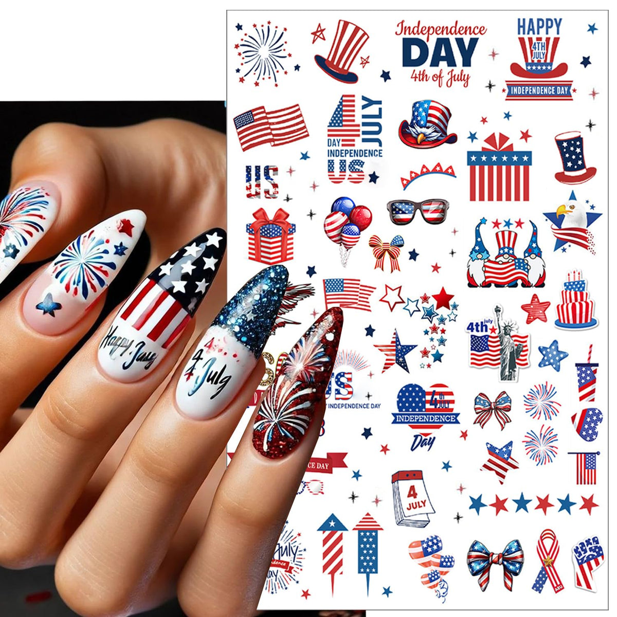 6pcs 4th of July Nail Stickers 3D Nail Decals Independence Day Nail Art Sticker for USA Flags Heart Star Stripe Letters Fireworks Nails Design Adhesive Sticker Patriotic Manicure Decorations for Women