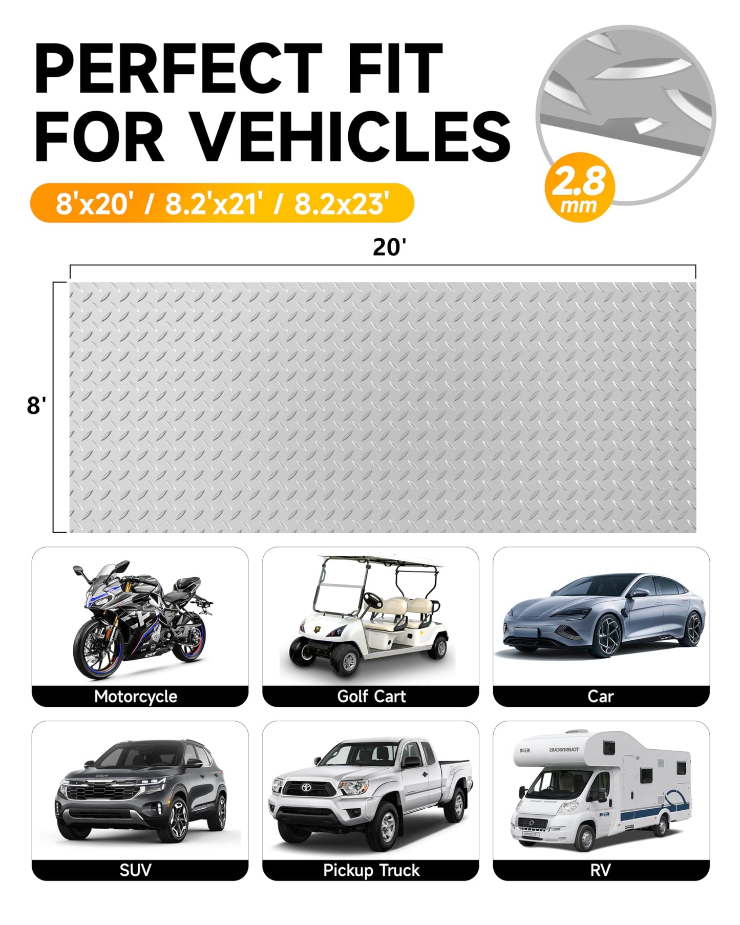 LulnCush 8x20 FT Silver Garage Floor Mat, 2.8mm Thick Premium PVC Resin Flooring Roll | Heavy Duty & Durable | Diamond Plate Protector for Car, SUV, Pickup, Trailer, Gym & Basement