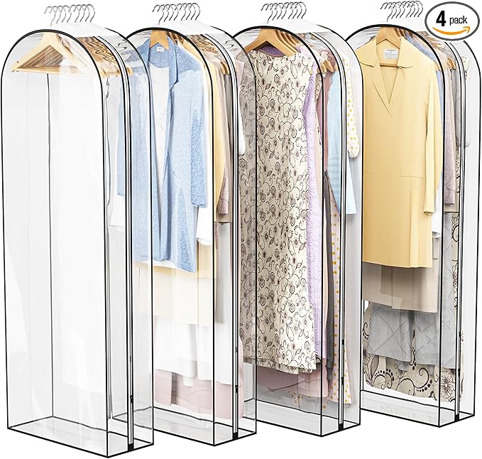 Liuoud Clear Garment Bag for Hanging Clothes 10â Gusseted, 60â Suit Bags for Open Closet Storage Plastic Clothes Cover for Coat, Dress, Shirts, Fur, Jacket, Wardrobe Protectors, 4 Pack
