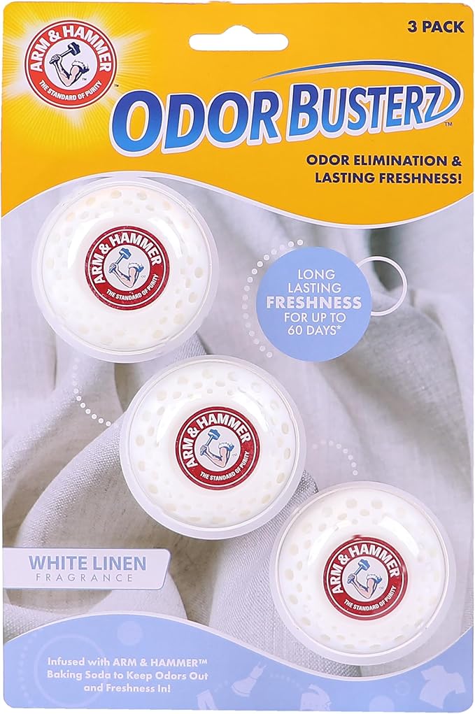 Arm & Hammer OdorBusterzÂ® Odor Eliminator Balls, White Linen, 3 Count â Baking Soda Odor Control for Closets, Drawers, Hampers & Small Spaces
