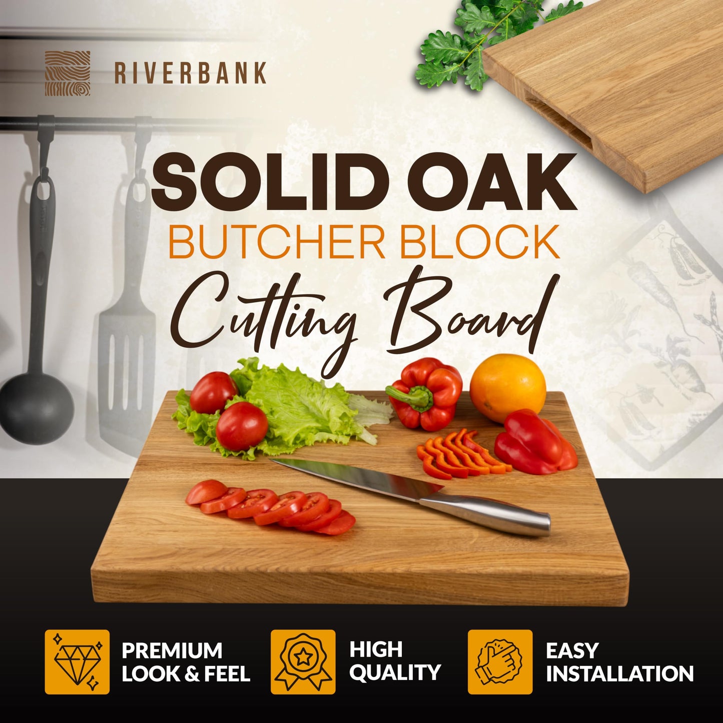Riverbank Solid Wood Oak Butcher Block Cutting Board in Extra Large XL Size 20"x15"x1.5", Reversible Wooden Chopping Board with Handles, Gift Box Included