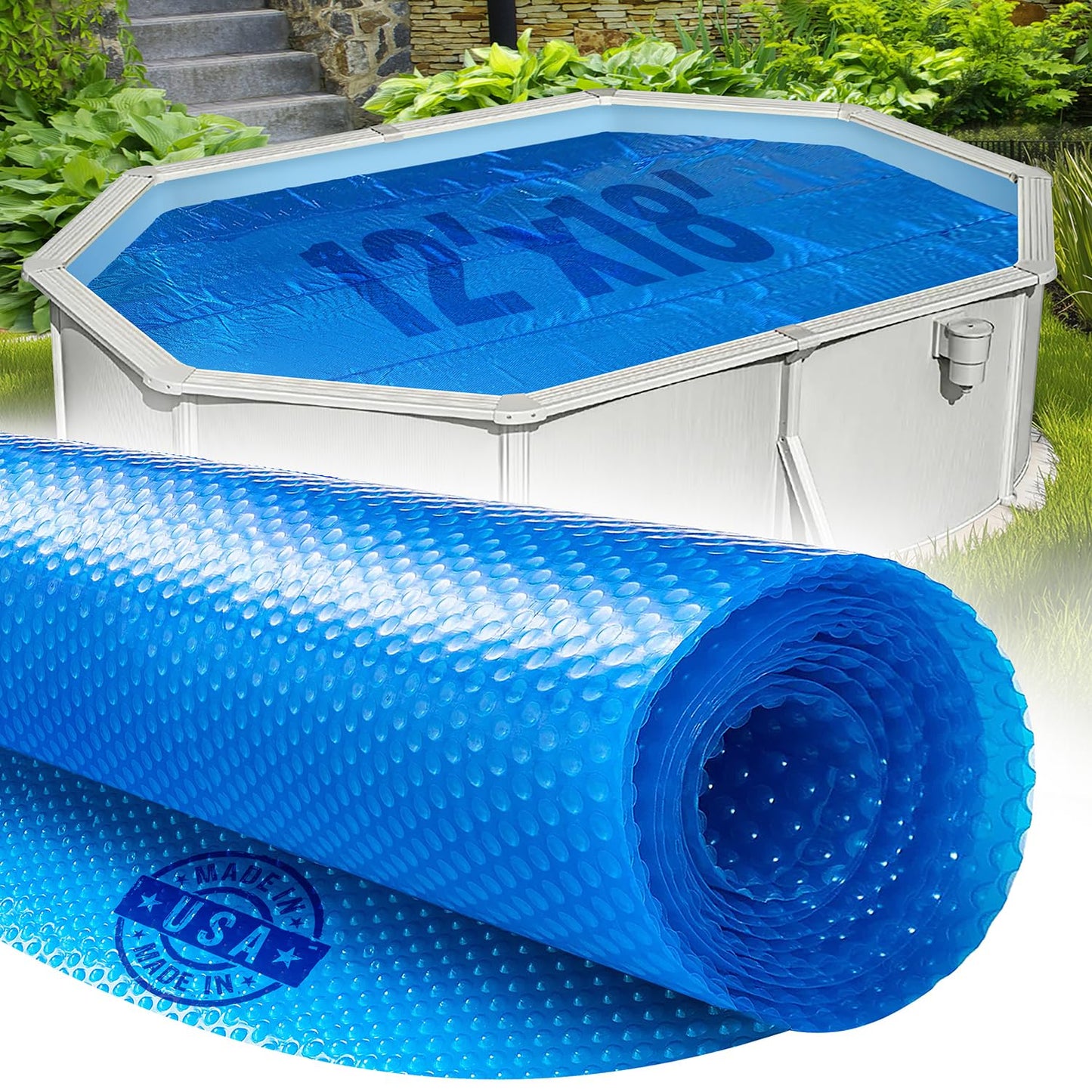 12' x 18' Oval Solar Cover for Inground and Above Ground Pools, 12 Mil - Premium Heavy Duty Solar Blanket for Above Ground Pool, Blue - Made in USA