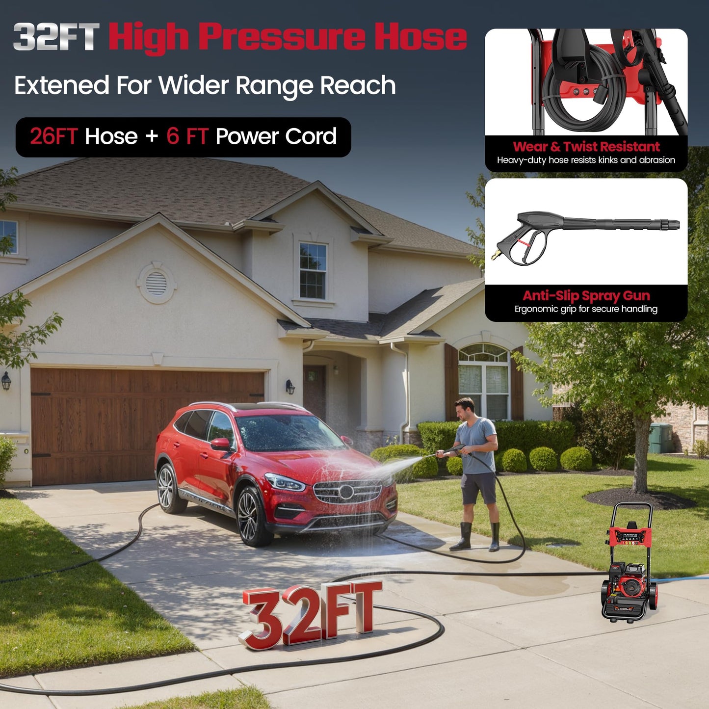 HURGOVE 4000 PSI Gas Pressure Washer for Home Use, 210CC Engine Power Washer with 26FT Hose & 5 Nozzles for Driveways, Cars, Patios & Fences