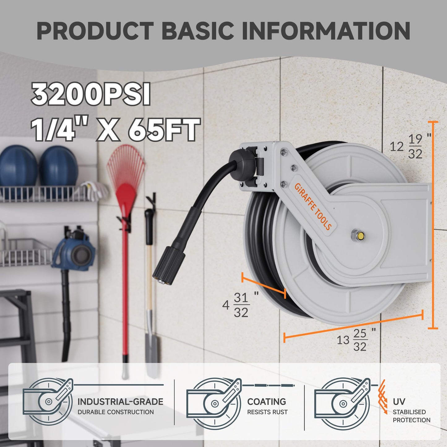 Giraffe Tools Retractable Pressure Washer Hose Reel, Wall-Mounted, 65ft Auto-Rewind Hose Storage, 3200 PSI Heavy-Duty Steel