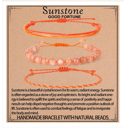 QOGIR Handmade Healing Bracelets,8mm Natural Sunstone Gem Stone Beads Bracelet for Men Women Gifts with 2PCS Size Adjustable Rope Bracelets