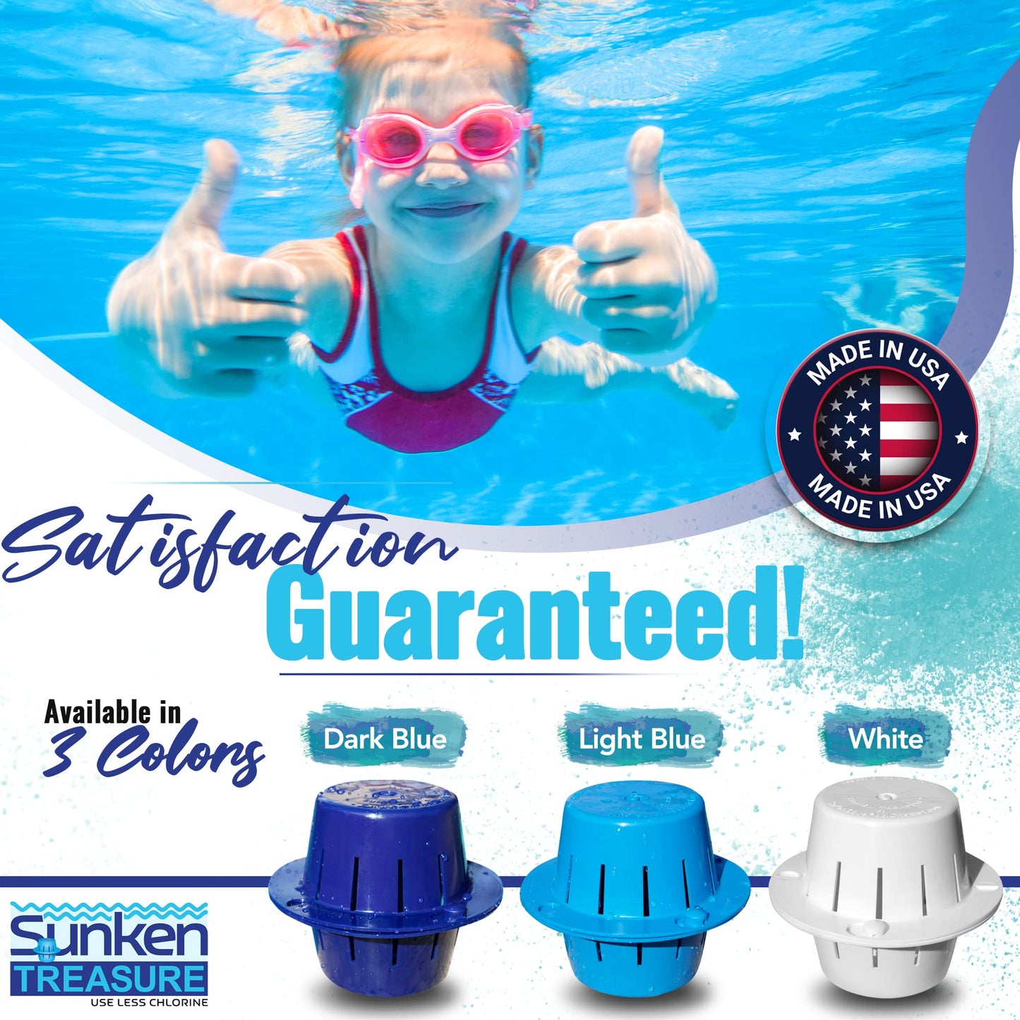 Sunken Treasure - The Original Sinking and Floating Chlorine Dispenser for Pool, Uses Less Chlorine than a Floater, It Sinks - Cleans Water - Floats Back Up, Replaces Pool Chlorine Floater, Light Blue