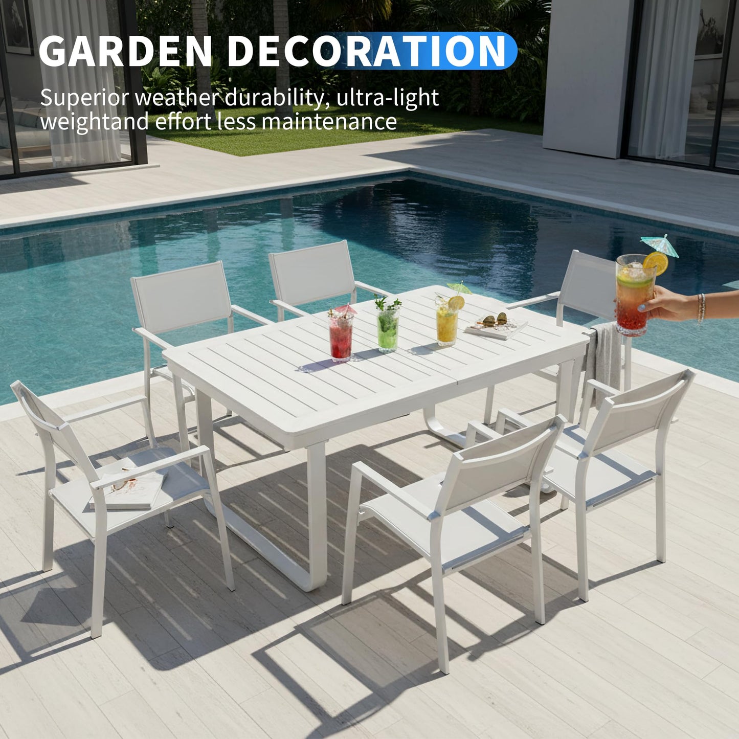 CikaCika Outdoor Patio Dining Table, Patio Expendable Dining Table with Umbrella Hole, Aluminum Frame Wood-Grain Patio Dining Table for 6-10 People, Patio Furniture Set for Backyard, Deck, Poolside