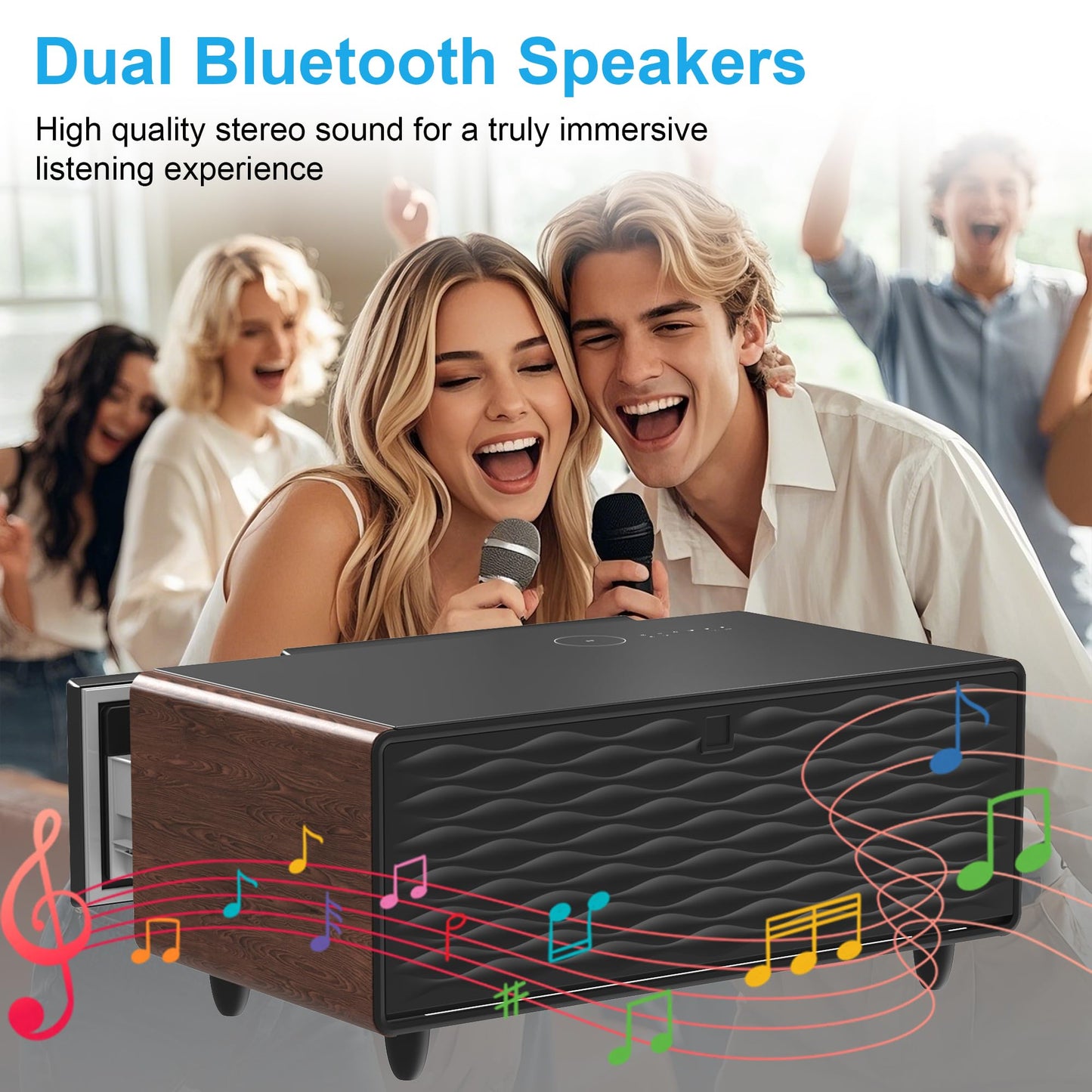 Smart Coffee Table with Fridge, Bluetooth Speakers, Wireless Charging, Modern Living Room Table with Dual USB, Type-C Ports, 23" D x 41.5" W x 18.2" H, Brown