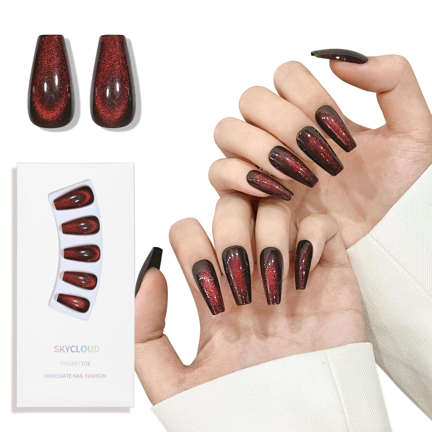 Cat Eyes Press On Nails,12 Sizes - 24 Pcs Soft Gel Dark Red Brown Medium Coffin Fake Nails Kit with Nail Glue, Natural Reusable Stick On False Nails for Women and Girls (Skycloud Nails) SK0825