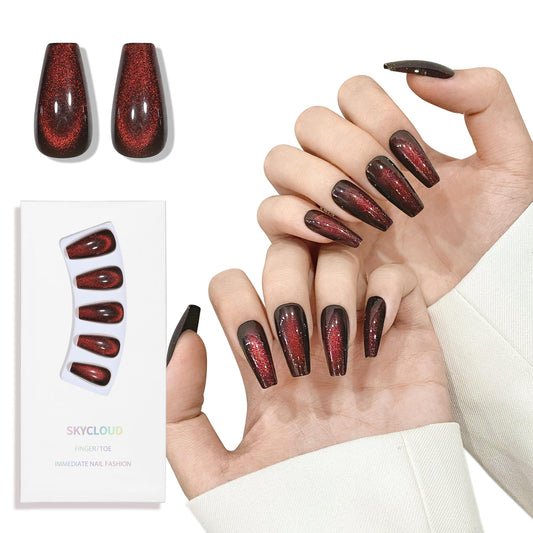 Cat Eyes Press On Nails,12 Sizes - 24 Pcs Soft Gel Dark Red Brown Medium Coffin Fake Nails Kit with Nail Glue, Natural Reusable Stick On False Nails for Women and Girls (Skycloud Nails) SK0825