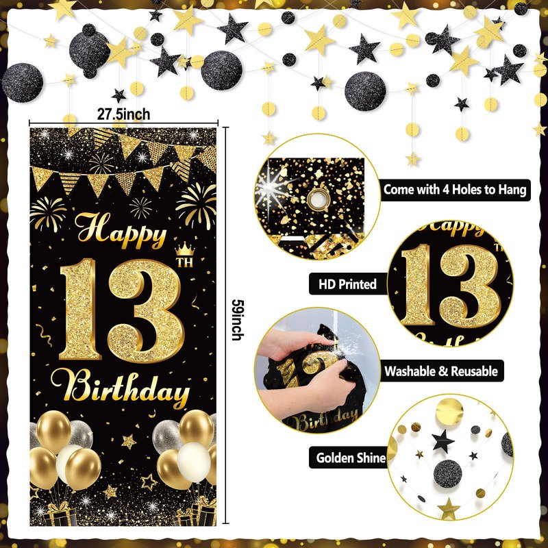 TSVATE 15th Birthday Decorations for Boys, Black Gold 15 Birthday Boy Decorations, Happy 15th Birthday Backdrop, Banner, Number 15 Balloons, Pompoms, Star Garland, 15 Year Old Boy Birthday Decorations
