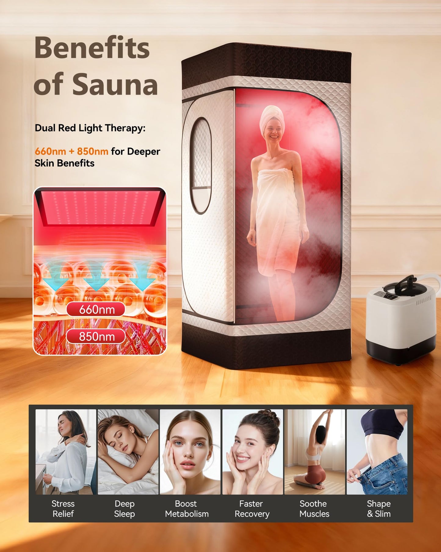 noerishia Portable Infrared Sauna Box for Home with 3L 1200W Steamer, Big Folding Chair, 99 Mins Timer, 9 Levels, Steam Sauna Tent with 660nm + 850nm Red Light Therapy, for Home Spa Detoxification