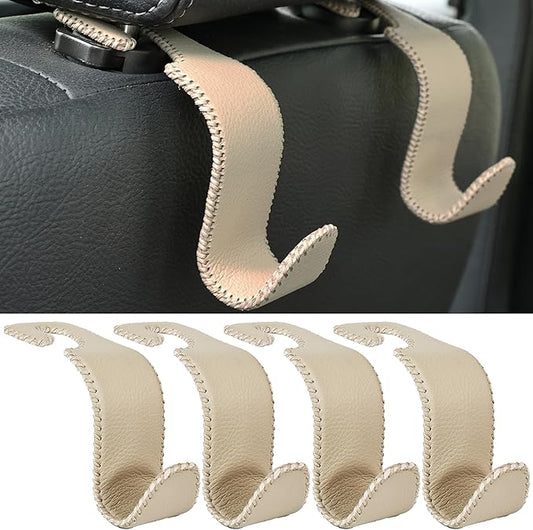 Amooca Car Seat Headrest Hook 4 Pack Metal Core Hanger Universal Car Storage Organizer for Handbag Purse Coat S Type Leather Beige