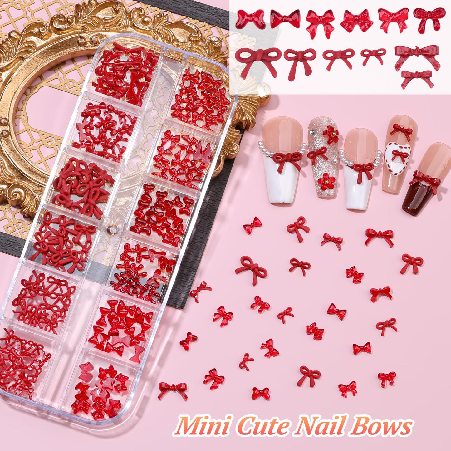 5 Boxes Nail Charms and Gems, 24Pcs Y2k Alloy Nail Art Rhinestone Charms 3D Bow Flower Crown Heart Star with Tweezers and Pick up Tools for Women Nail Design DIY Crafts Face Makeup Gems Jewels(Red)