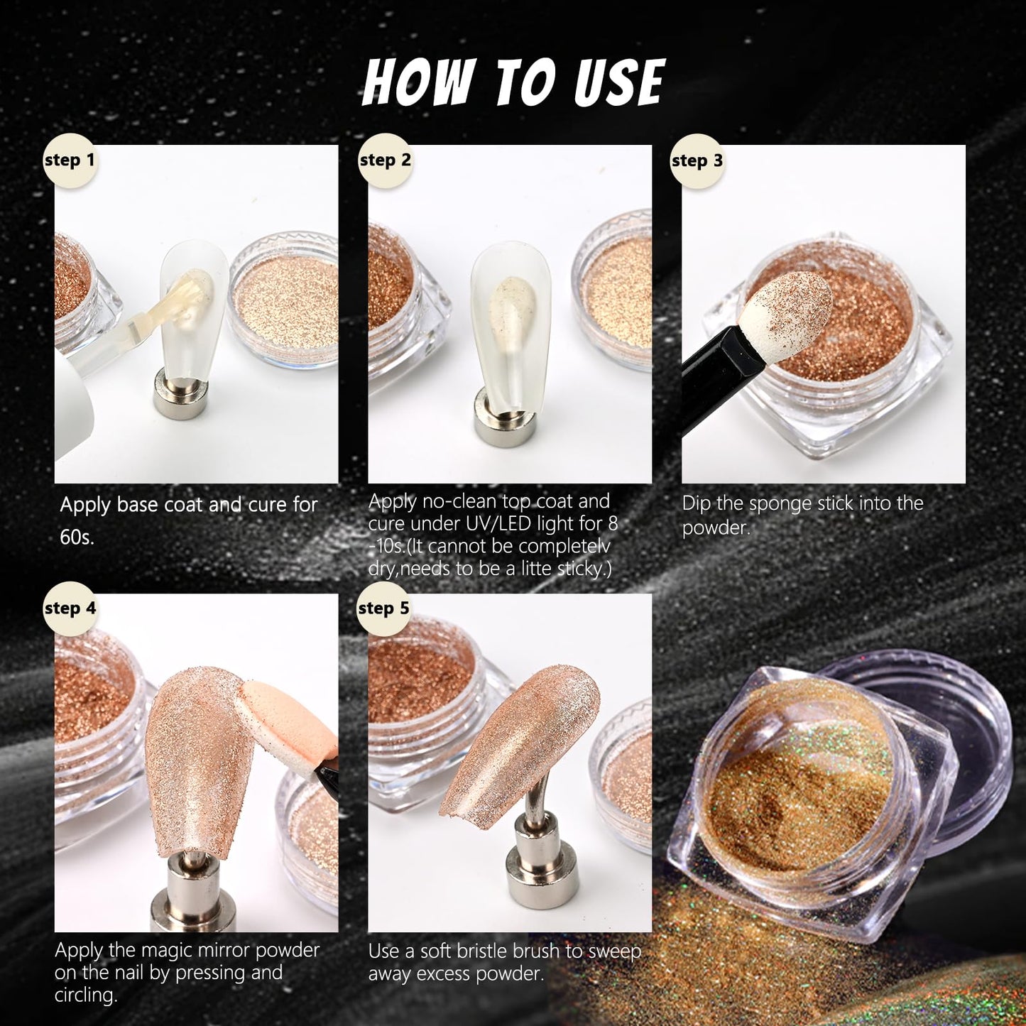 MKNZOME 12 Jars Holographic Nail Powder, Chrome Nail Powder Kit Black Blue Ultra Fine Glitter Powder Set, Rainbow Neon Pigment Manicure Glitter Dust with 12 Pcs Dual Sides Sponge Applicators