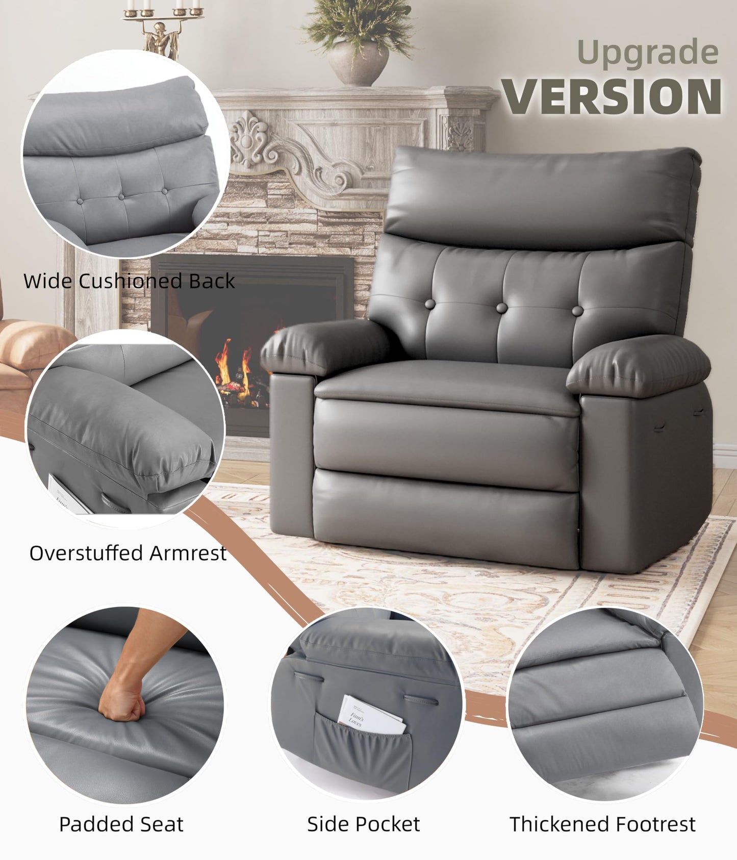 GarveeHome Oversized Wide Recliner Chair - Heat and Massage, PU Leather Extra Wide Manual Recliner for Adults, Large Lazy Chair with 1.5X Sponge Comfort Arm and Back for Living Room, Bedroom