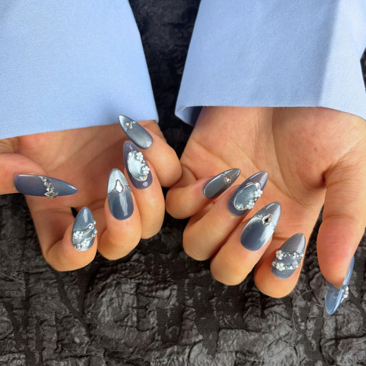 AKA Unicorn Handmade Press On Nails Medium Almond,10Pcs Dark Blue Acrylic Fake Nails,Glue On Nail with The Flower of Growth Charms for Woman Daily Wear&Break Up Party（Design Concept:Lost & Hope）