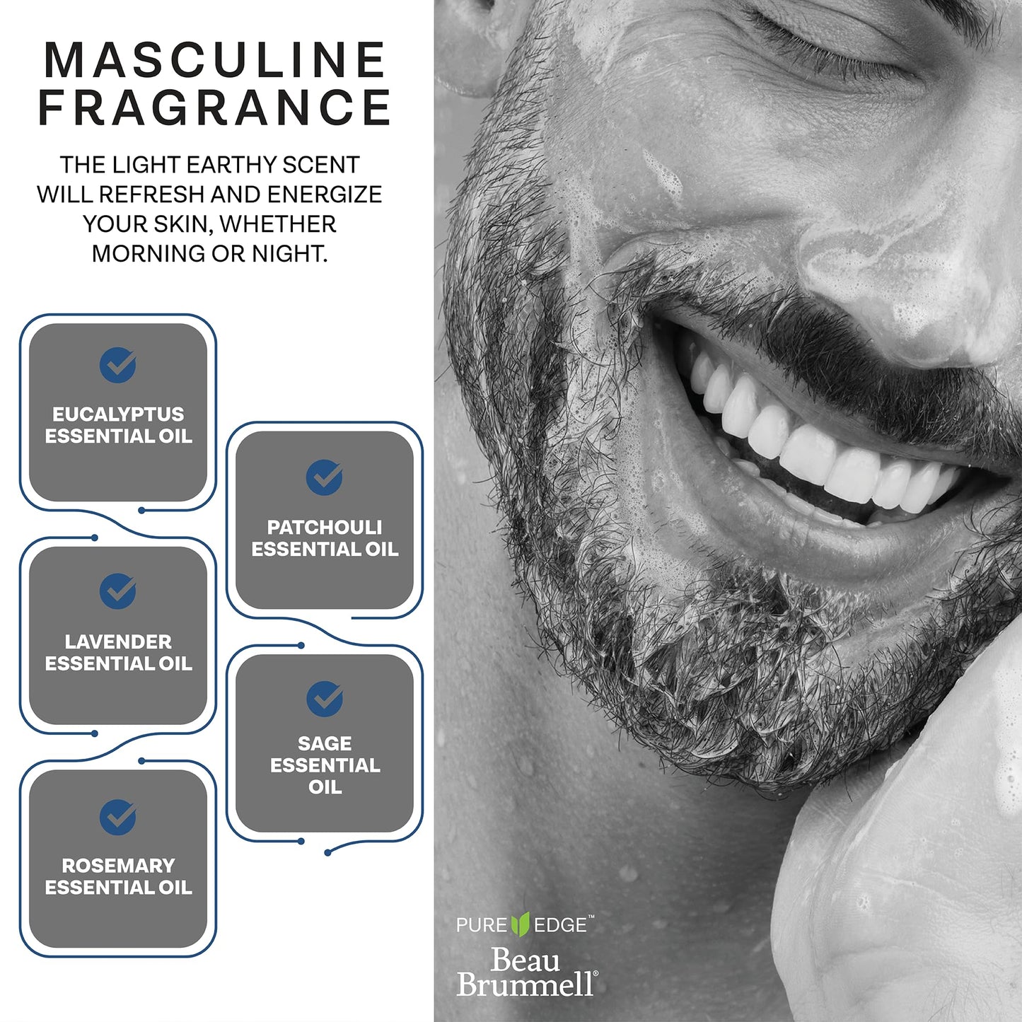 Beau Brummell for Men's Activated Charcoal Face Wash | Gentle Exfoliating Cleanser with Hyaluronic Acid, Bamboo Powder, Marine Plankton Extract, Vitamins A & E | 8 fl oz, Made in USA