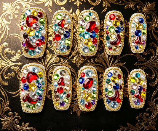 Handmade Press on Nails Square 3D Cute Glue on Nails for Women, Luxury Homemade Press on Nail Art Design, Fake Nails with 3D Nail Charms Size M 10
