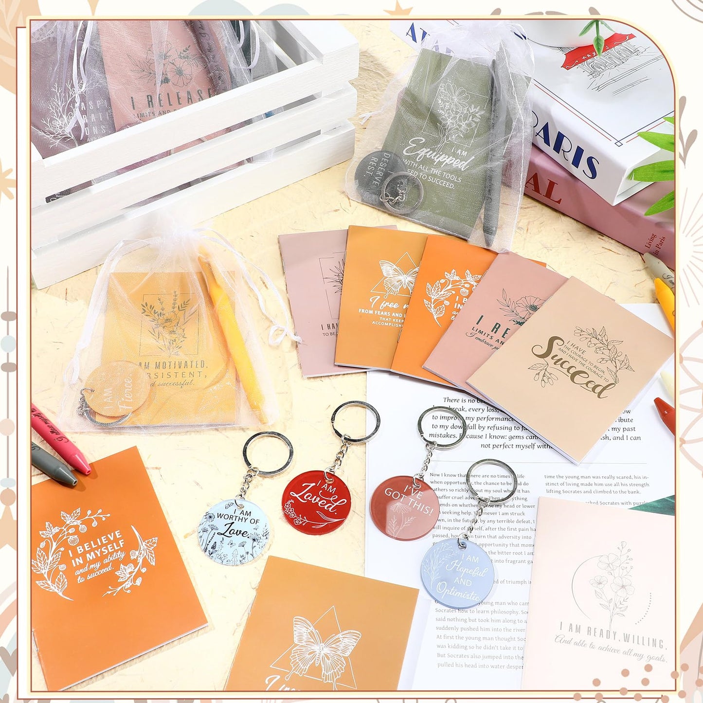 Mooliwe 108 Pcs/36 Set Positive Affirmation Gift Set Gratitude Notebooks with Pens Acrylic Keychains Small Bags Motivational Notepads for Women Coworkers Christmas Adults Party Favors (Vibrant)