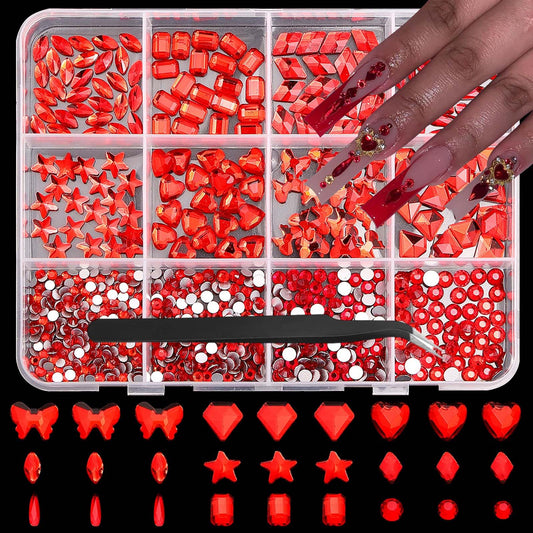 Red Nail Gems Big Glass Red Nail Charms AB Crystal Flatback Nail Jewels 3D Multi Shape Size Stones Diamonds Nail Rhinestones Clear Round Beads Gems for Nails Faces Eyes Makeup Crafts 12Grid