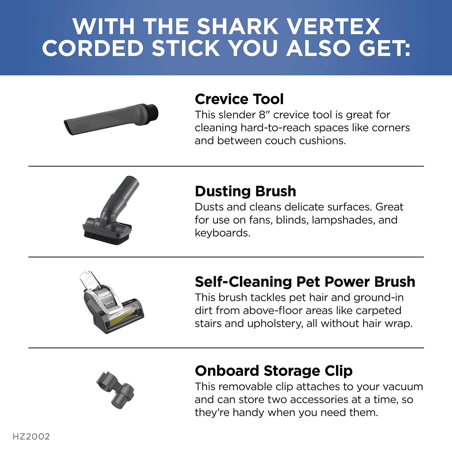 Shark | Corded Stick Vacuum Cleaner | Vertex Ultralight | Removable Handheld Vacuum | Pet Hair Vacuum for Carpet and Hard Floor | Powerful Suction | No Hair Wrap | 3 Attachments Included | HZ2002