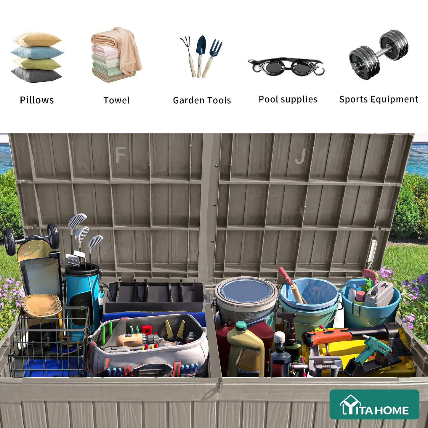 YITAHOME 150 Gallon Large Deck Box w/Divider, XL Waterproof Outdoor Storage for Patio Furniture,Outdoor Cushions, Garden Tools, Sports Equipment and Pool Supplies, Resin, Lockable, Taupe