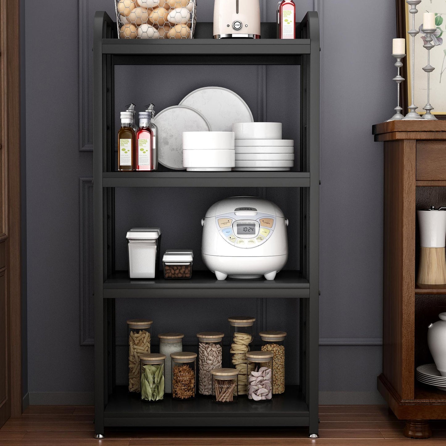 lovemanxi 4-Tier Kitchen Baker's Rack, Free Standing Microwave Oven Stand Utility Storage Shelf Island Coffee Bar for Living Room, Home Office (Black)