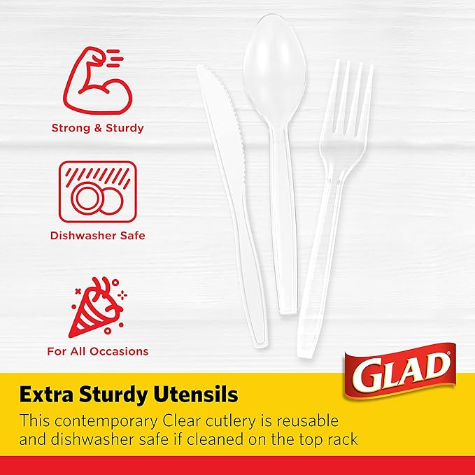 Glad Clear Disposable Cutlery Set with Heavy Duty Plastic Forks, Knives, and Spoons, Reusable Dishwasher Safe Plastic Utensils for Parties and Everyday Use, 240 Count - 6 Pack