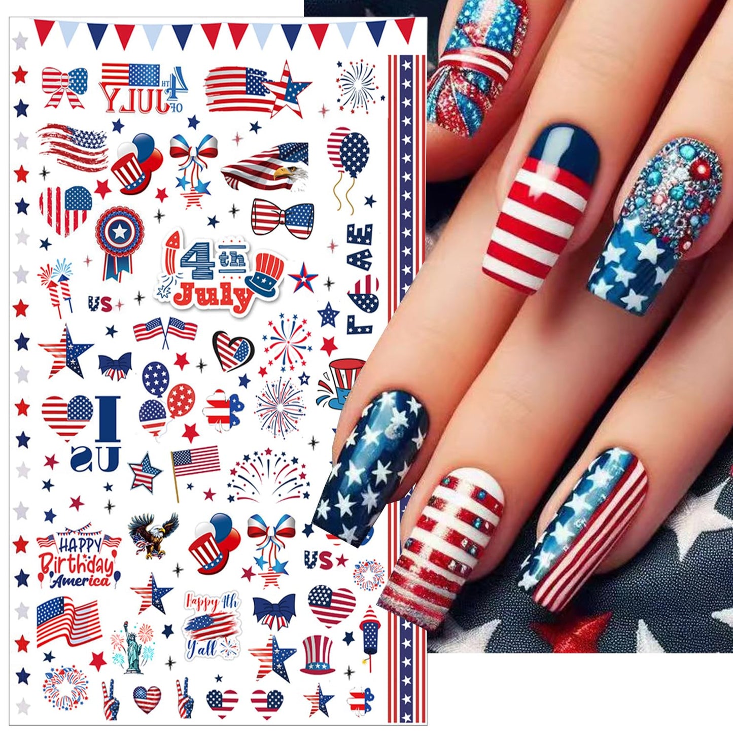 6pcs 4th of July Nail Stickers 3D Nail Decals Independence Day Nail Art Sticker for USA Flags Heart Star Stripe Letters Fireworks Nails Design Adhesive Sticker Patriotic Manicure Decorations for Women