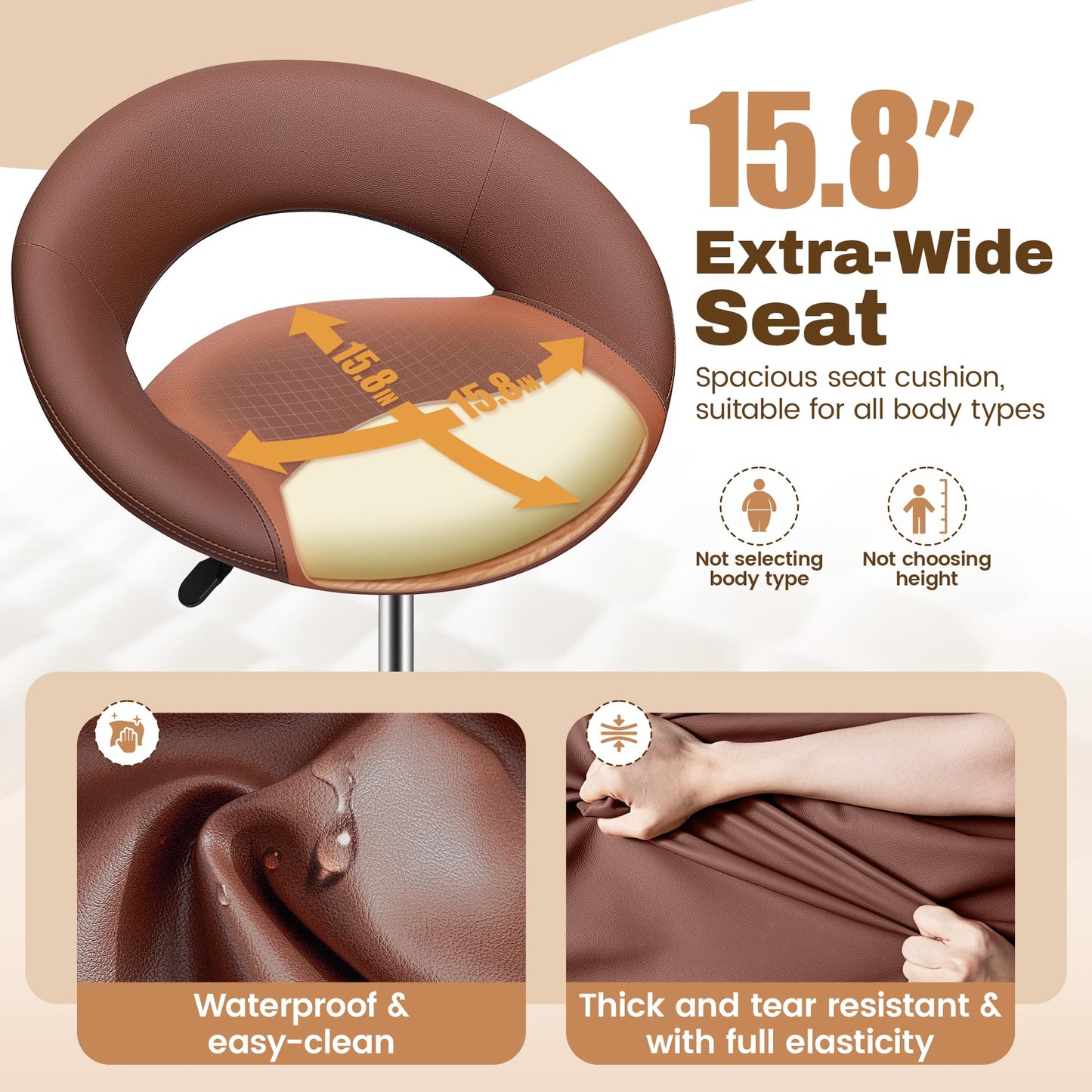 BESTFAIR Drafting Chair with Back, Height Adjustable Rolling Stool with Foot Rest, Tall 360° Swivel Stool PU Leather Chair with Wheels for Home Office, Standing Desk, Brown