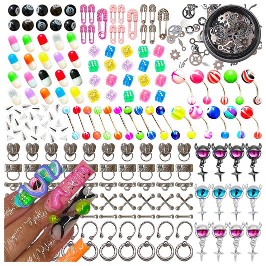 BBATT-HAPPY 197PCS Nail Charms for Acrylic Nails，Monster Eye Pill Puncture Dice Billiards Cone Pin Door Handle Mechanical Parts Nail Decorations ，Nail Accessories for Nail Art Supplies Manicure DIY