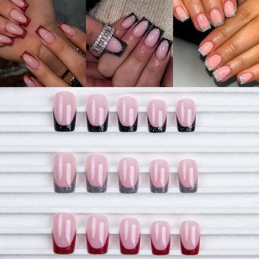 3Packs 72Pcs French Tip Press on Nails Short Square Fake Nails Black Red Silver Glitter Glue on Nails Glossy Shiny Full Cover Acrylic Nails Kit for Women Girls Manicure Deco Set 12 Size