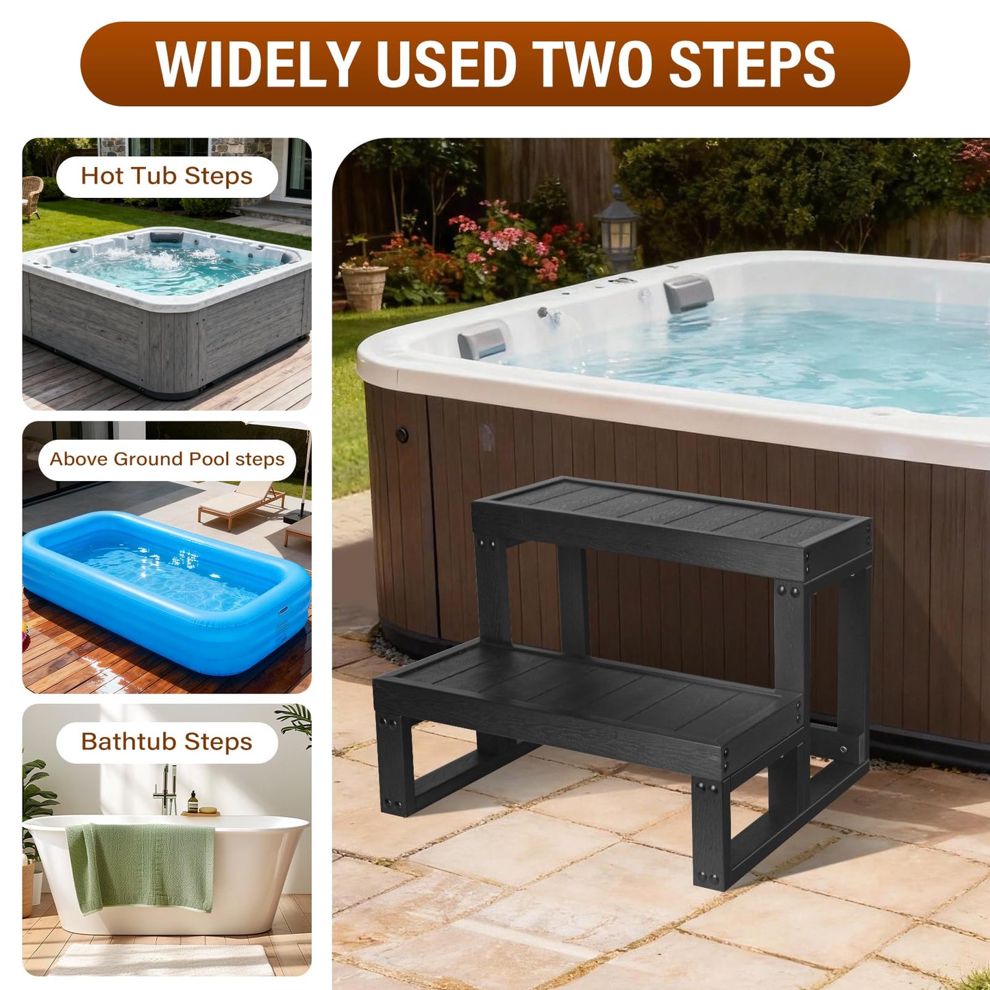 Heavy-Duty Hot Tub Steps, All-Weather Wood-Plastic Composite 2-Step Outdoor Spa Steps, 600LBS Capacity, Anti-Slip Surface, Durable Bathtub Steps for Outdoor/Indoor Hot Tubs, Pools, and Spas (Black)