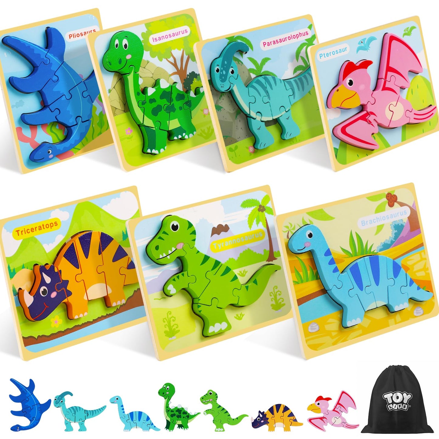 TOY Life Toddler Puzzles Ages 2-4, Wooden Puzzles for Toddlers 1-3, 7 Pcs Dinosaur Puzzle 2 Year Old, Puzzles for Kids Ages 3-5, Toddler Boy Toys 2-3, Educational Learning Toys for 3 Year Old