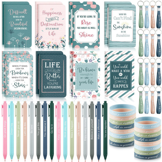 PerKoop 64 Pcs Inspirational Gifts Bulk 16 Motivational Notebooks Journal 16 Ballpoint Pens 16 Wristbands 16 Keychains for Teacher Office Women Employee Party Favor(Morandi)