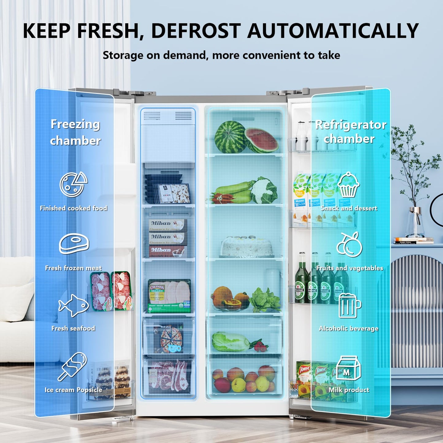 Antarctic Star 2 French Door Refrigerator Fridge, with Side Freezer &Water Dispensor,Nugget Ice Maker&Cube Ice,Adjustable Thermostat, 20 Cu Ft, Stainless Steel