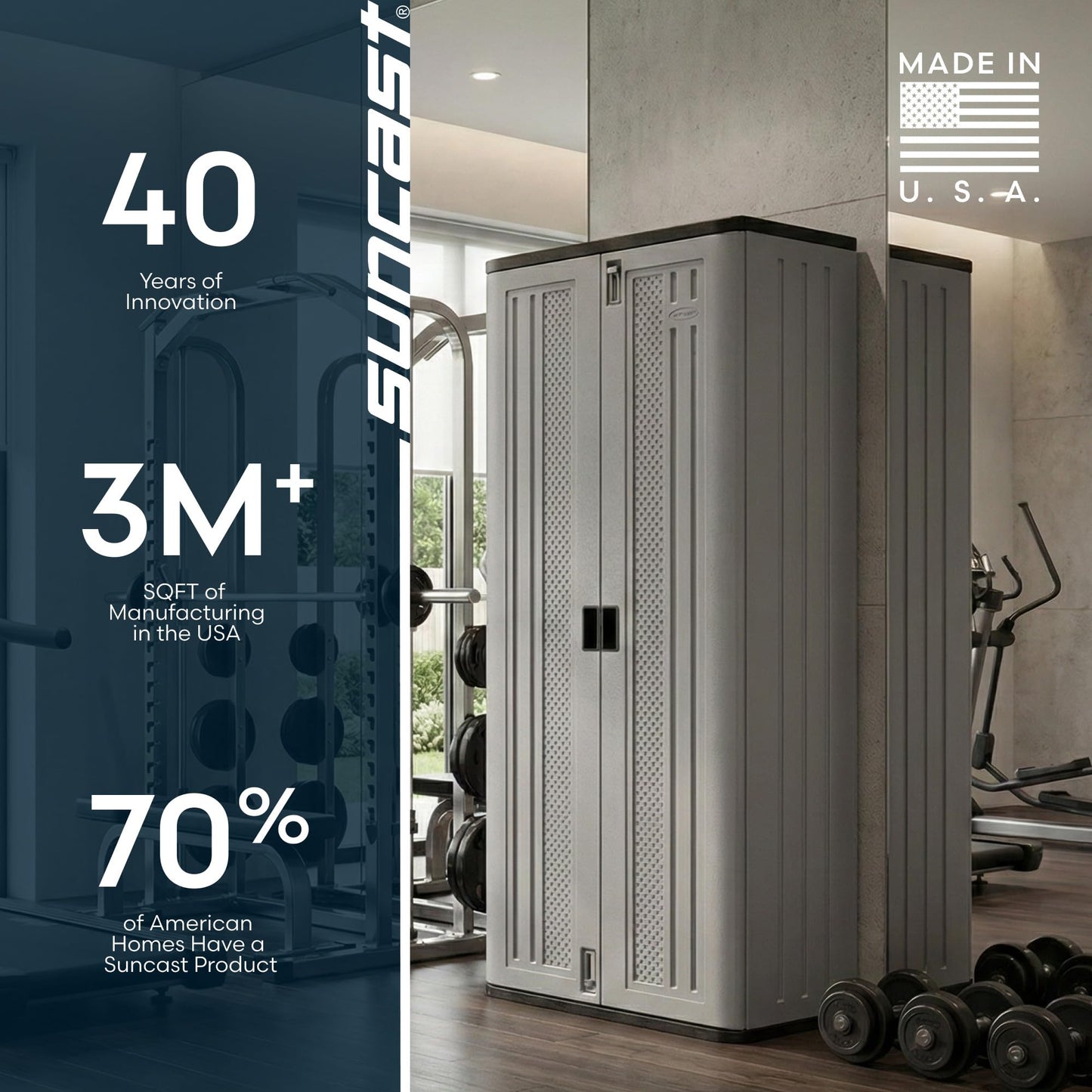 Suncast Tall Storage Cabinet, Platinum Resin Garage Storage Cabinet with Doors & Shelves, Lockable, Freestanding Utility Closet for Tools & Supplies, Made in USA