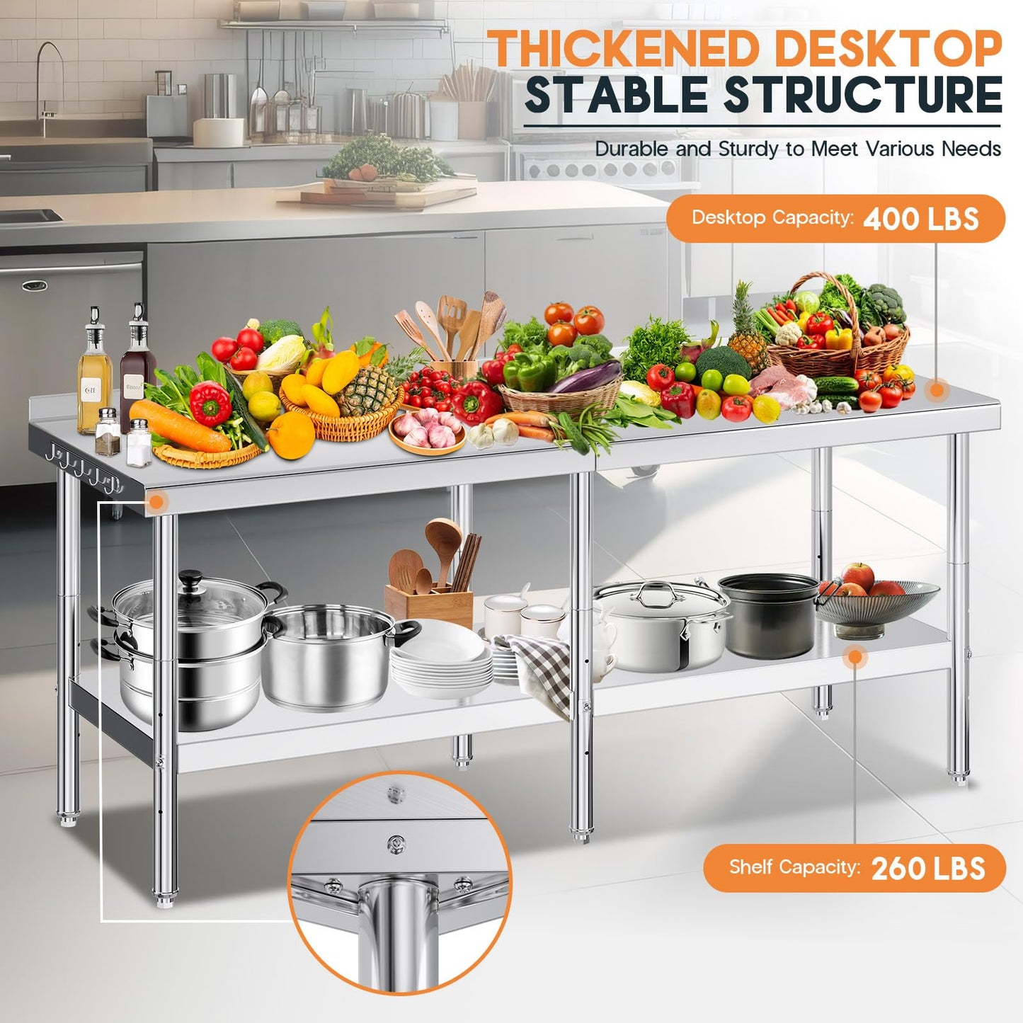 Jocisland 30" x 82" Stainless Steel Table for Prep & Work, NSF Certified with Backsplash, Adjustable Under Shelf & Safe Design for Restaurant, Home and Outdoor