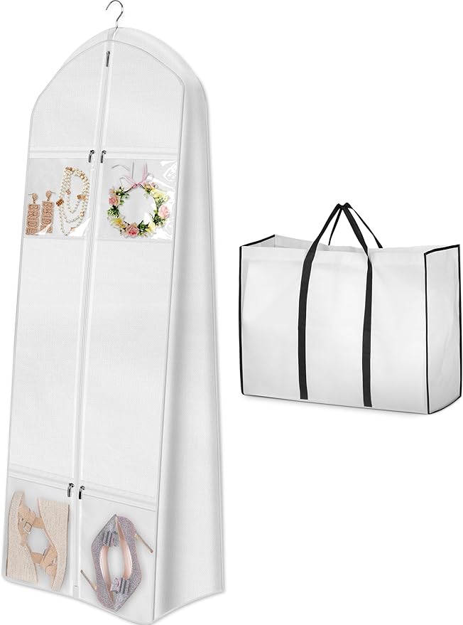 MISSLO Portable 70" Wedding Dress Garment Bag with Bride Tote Bag 8'' Gusseted Dress Bags for Gowns Long 4 Pockets Dress Cover for Women, White