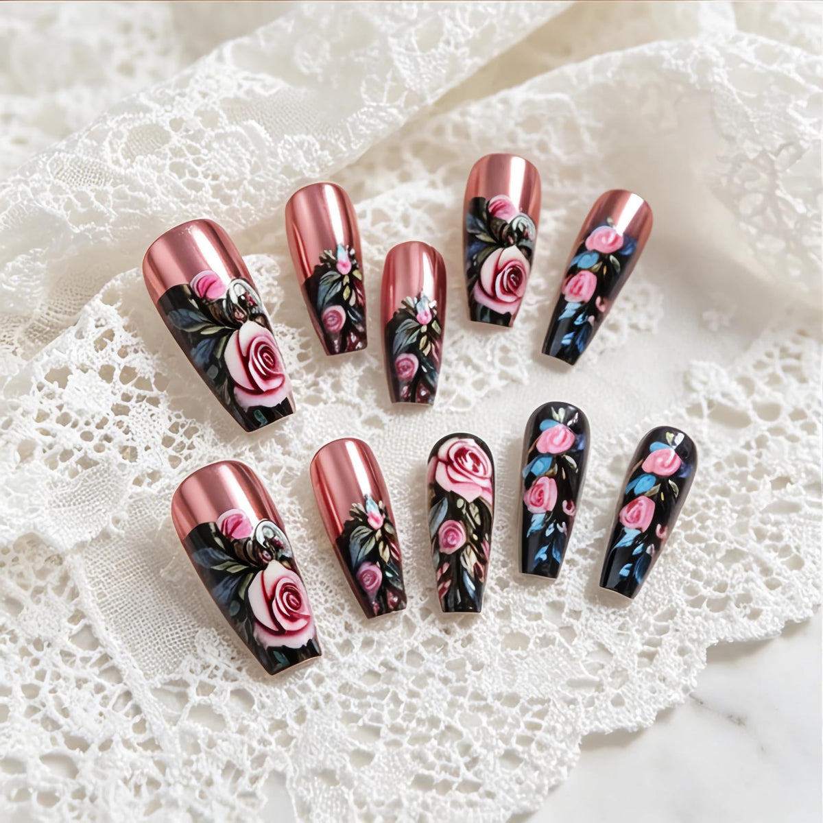 BABALAL Long Coffin Press On Nails, Romantic Rose Fake Nails with Pink Chrome Metallic & Floral Print, Black Acrylic Stick On Nails for Women 24Pcs