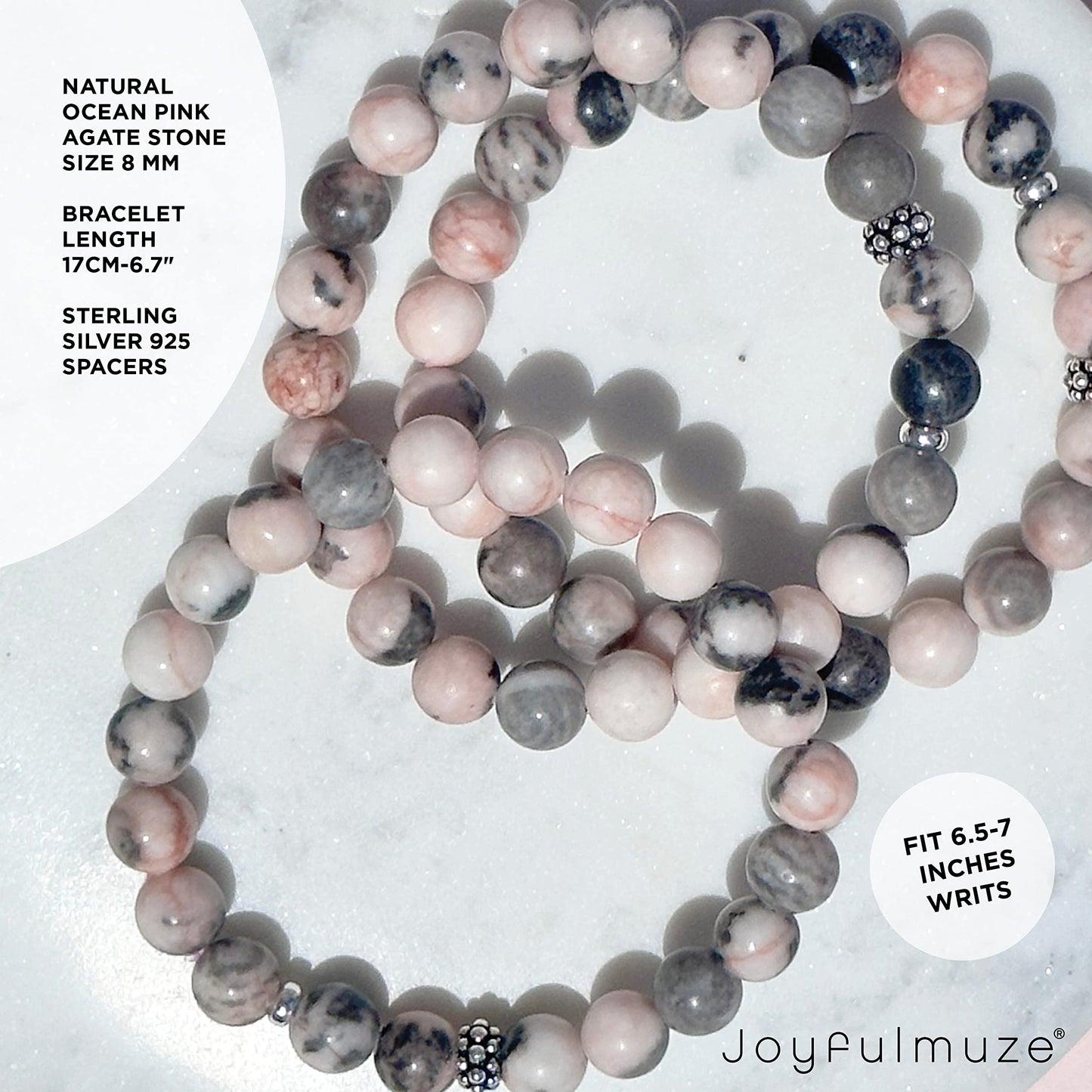 Joyfulmuze Zebra Jasper, Stretch Bracelets Natural Genuine Pink and Black Gemstones, Handmade Gift for Women and Men (Ocean-Pink-Black-Agate)