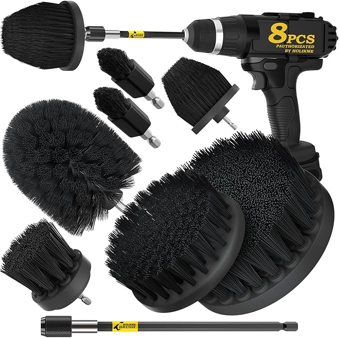Holikme 8 Piece Drill Brush Attachments Set, Power Scrubber Brush with Extend Long Attachmentï¼Cleaning Suppliesï¼Scrubï¼Shower Scrubberï¼Bathtub, Bathroom, Kitchenï¼Blackï¼